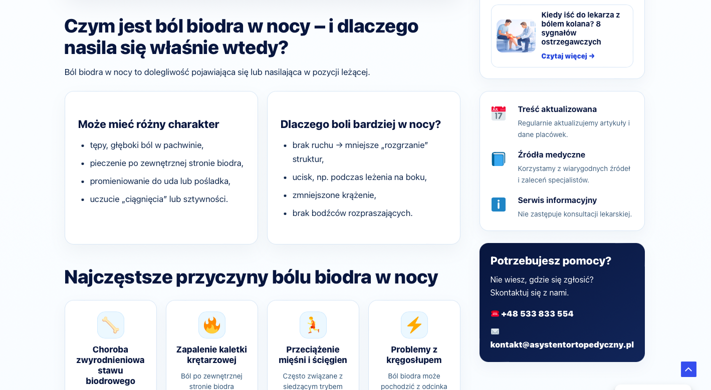 Widok artykułu medycznego z sekcjami informacyjnymi