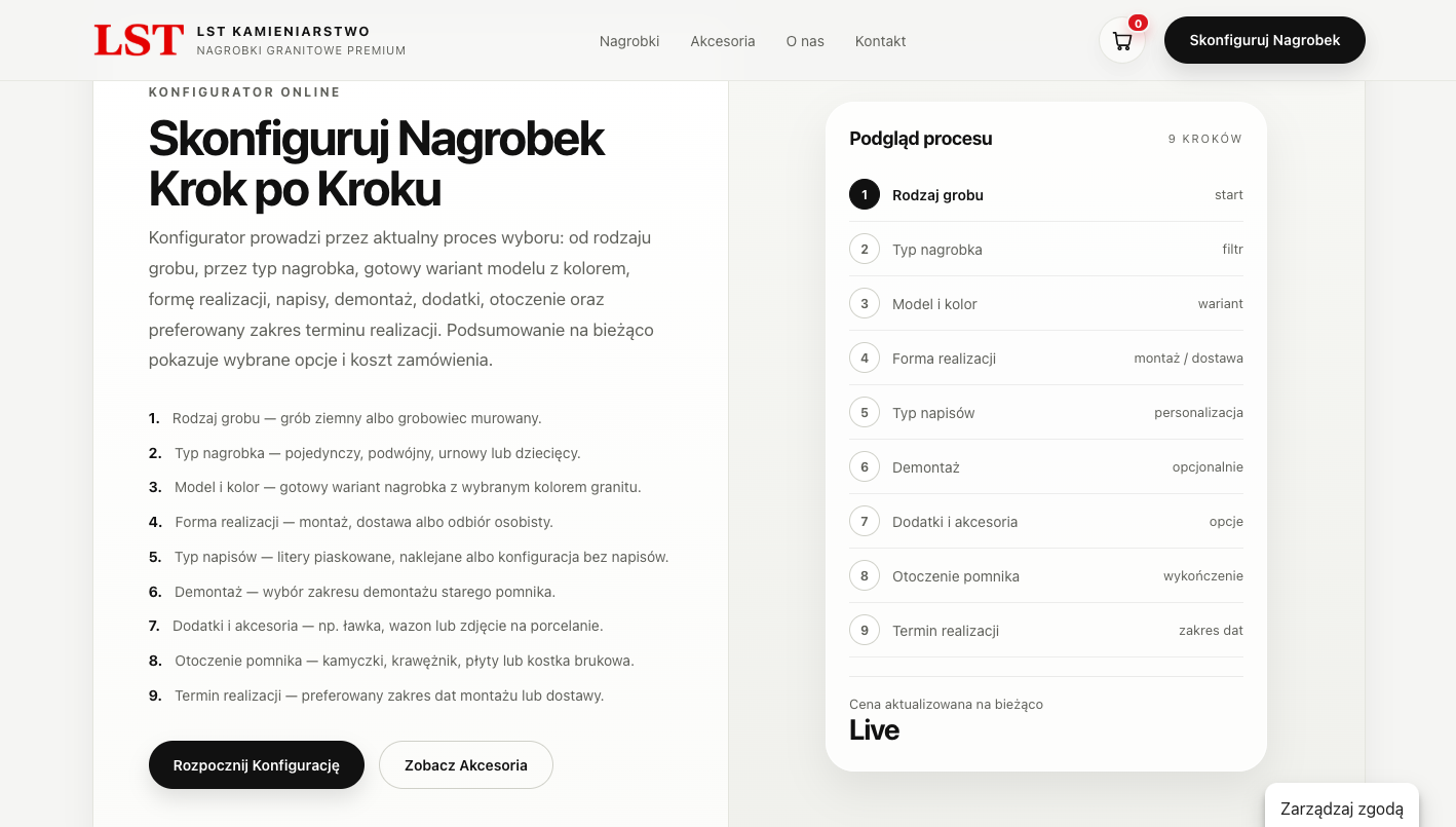 Strona wprowadzająca do konfiguratora nagrobków