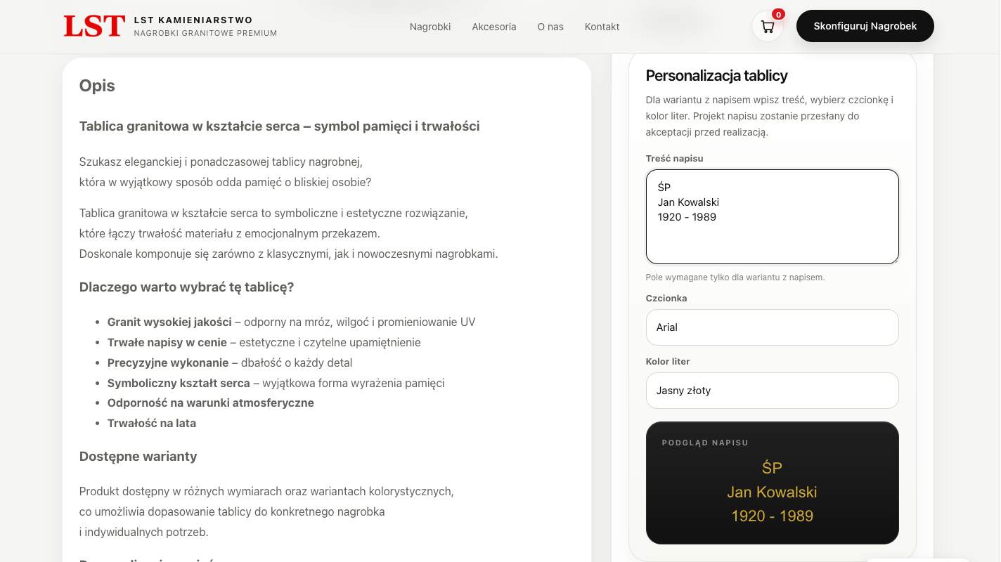 Personalizacja tablicy nagrobnej z podglądem napisu