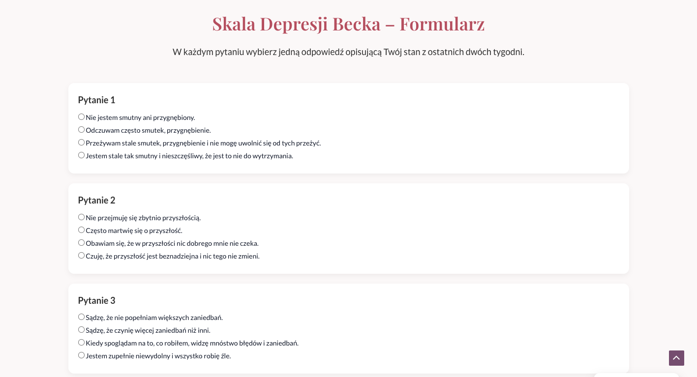 Interaktywny formularz skali Becka